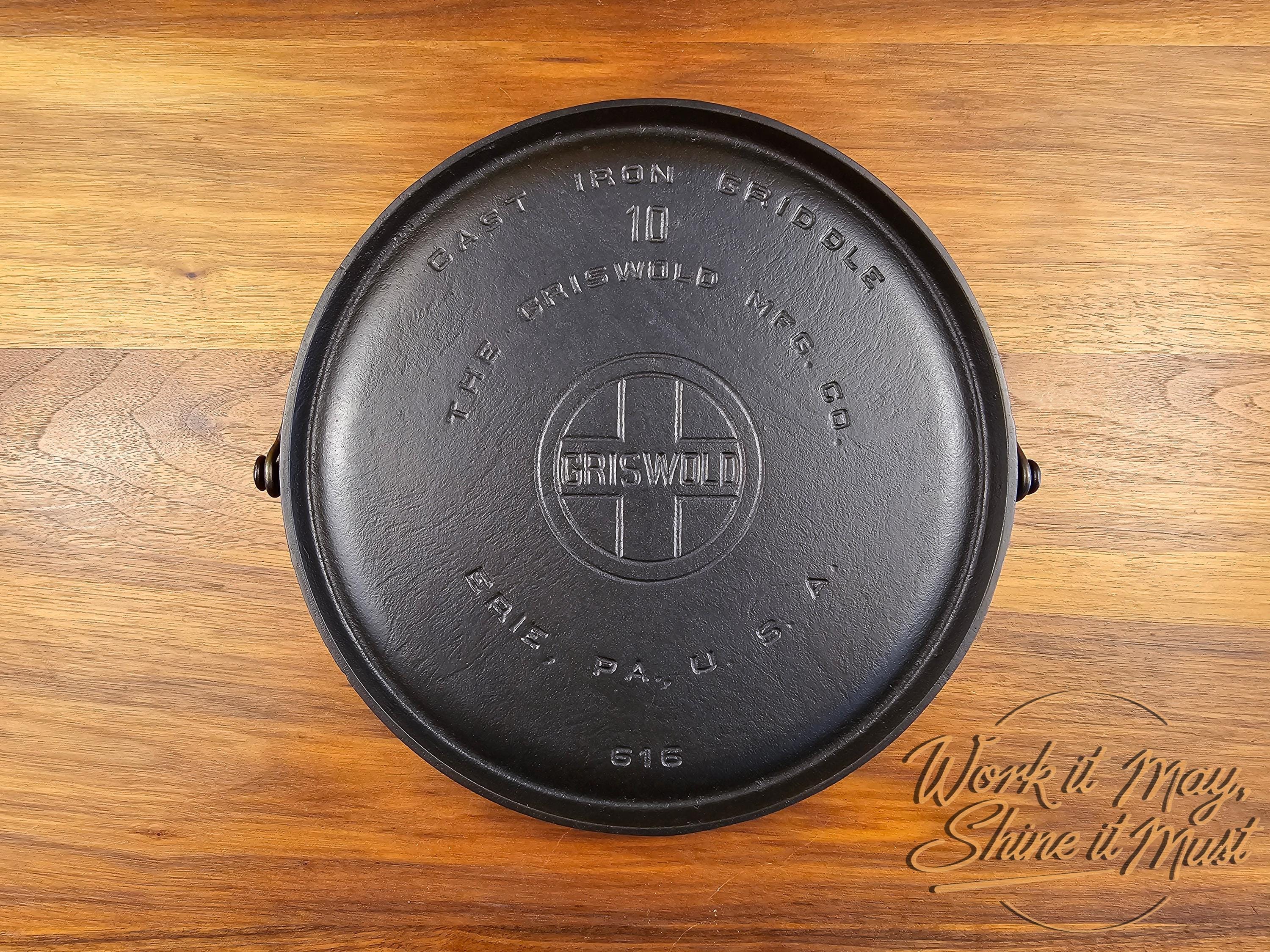 Griswold #10 Vintage Restored Cast Iron Griddle - Large Block Logo 616 - Bailed Handle