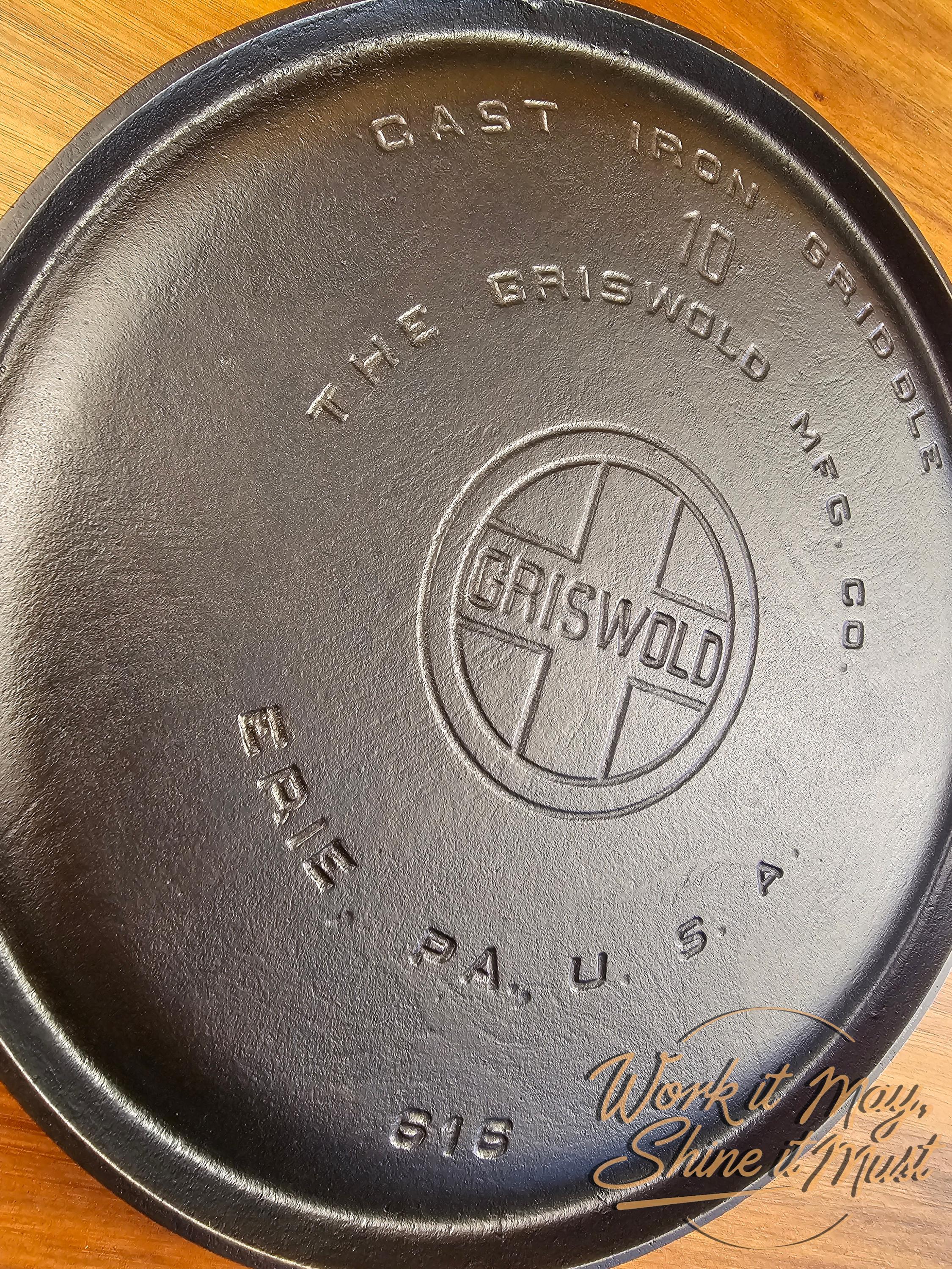 Griswold #10 Vintage Restored Cast Iron Griddle - Large Block Logo 616 - Bailed Handle
