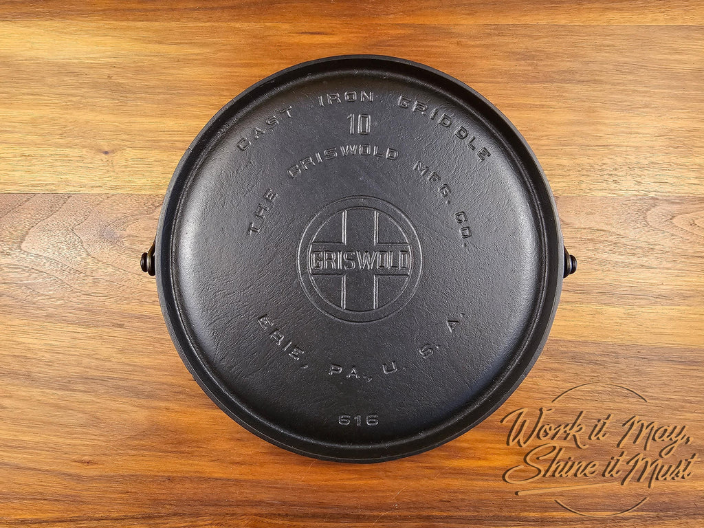 Griswold #10 Vintage Restored Cast Iron Griddle - Large Block Logo 616 - Bailed Handle