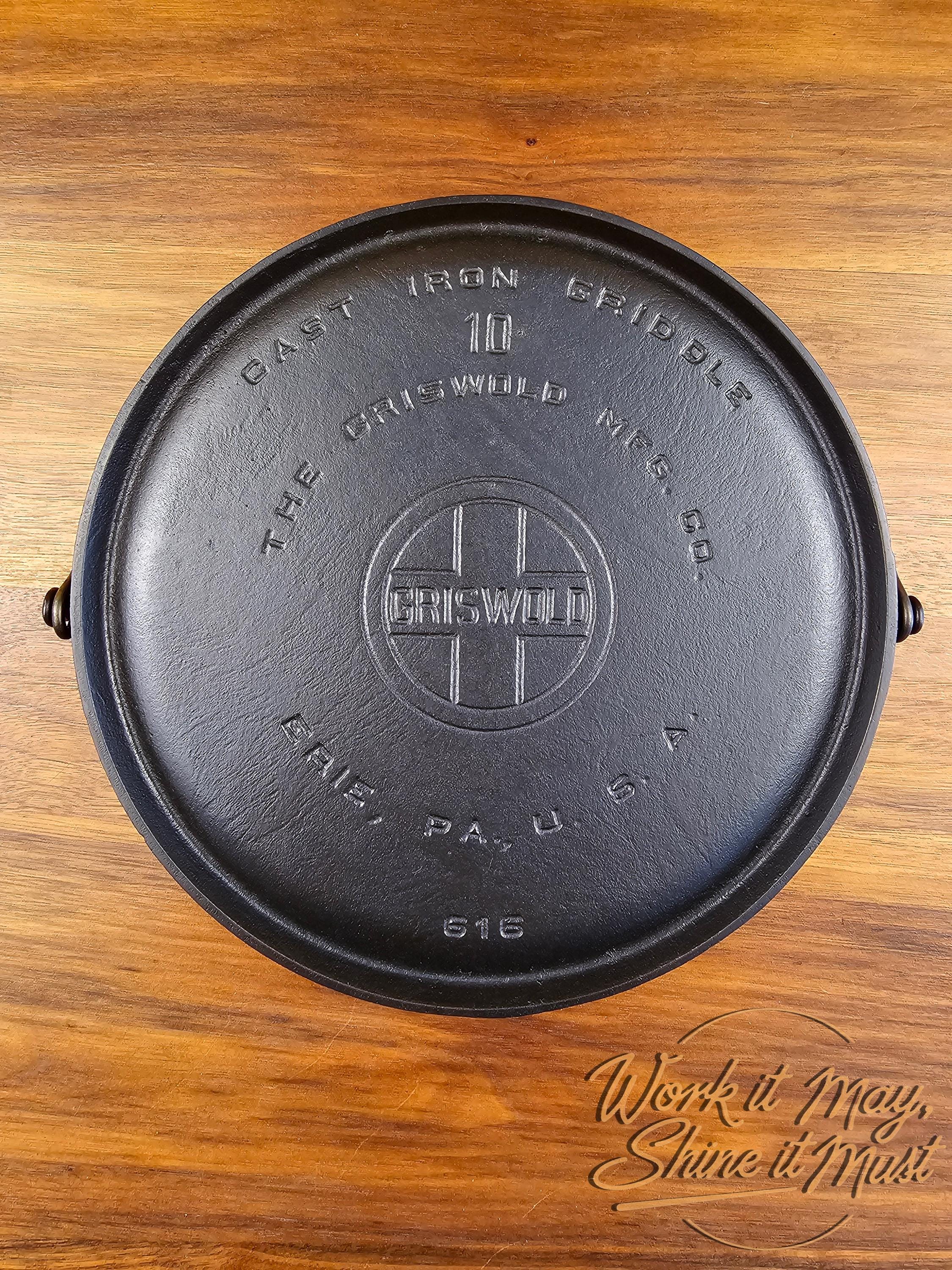 Griswold #10 Vintage Restored Cast Iron Griddle - Large Block Logo 616 - Bailed Handle